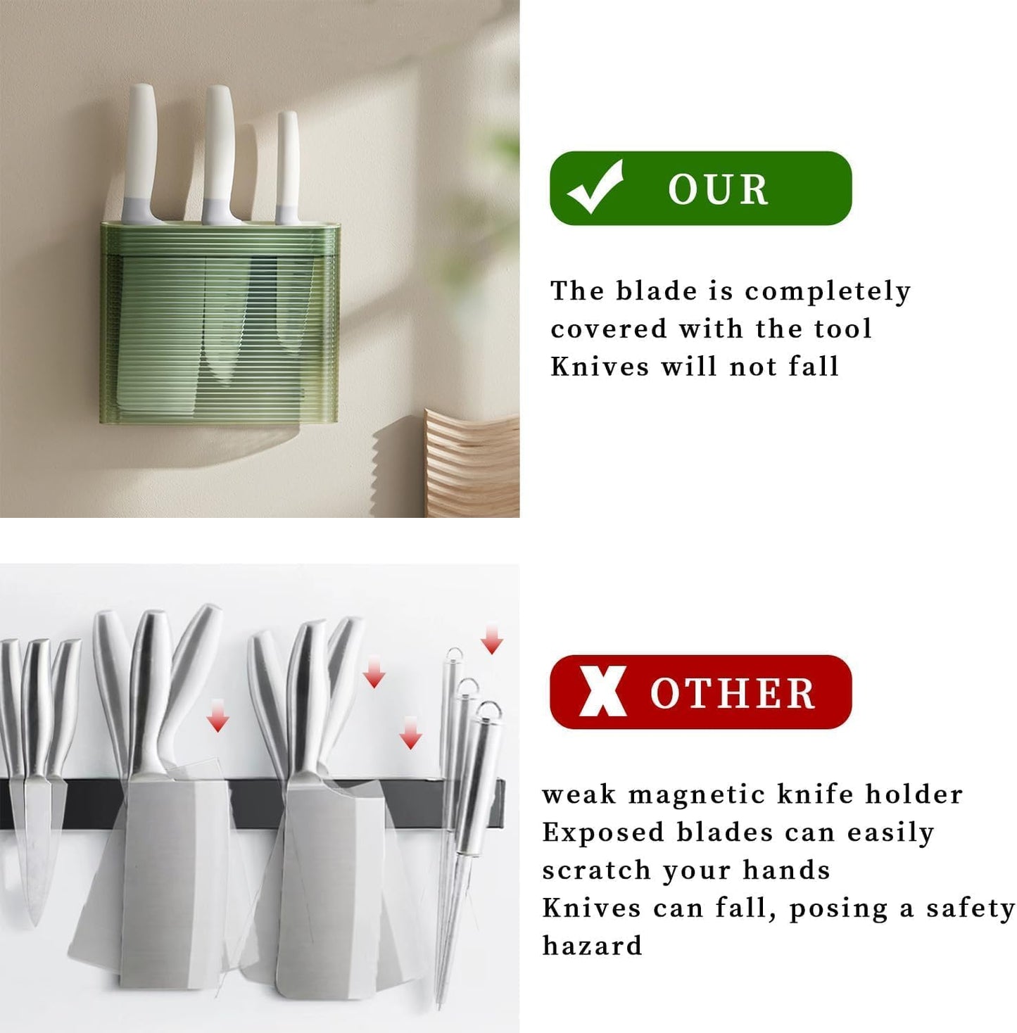 Knife Holder for Wall, Knife Storage Wall Mounted No Drill, Universal Knife Holder with 2 Long Slot for Fruit/Kitchen/Boning Knife and Kitchen Scissors, Load 2.5KG, Green Nordic Minimalist
