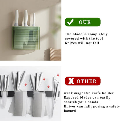 Knife Holder for Wall, Knife Storage Wall Mounted No Drill, Universal Knife Holder with 2 Long Slot for Fruit/Kitchen/Boning Knife and Kitchen Scissors, Load 2.5KG, Green Nordic Minimalist