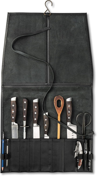Leather Knife Roll Bag for Chef`s - Premium Knife Roll Case made of Genuine Water-Buffalo Leather, knives storage Bosse (black)