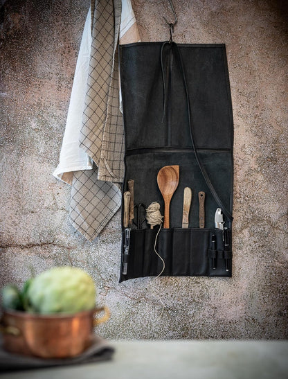 Leather Knife Roll Bag for Chef`s - Premium Knife Roll Case made of Genuine Water-Buffalo Leather, knives storage Bosse (black)