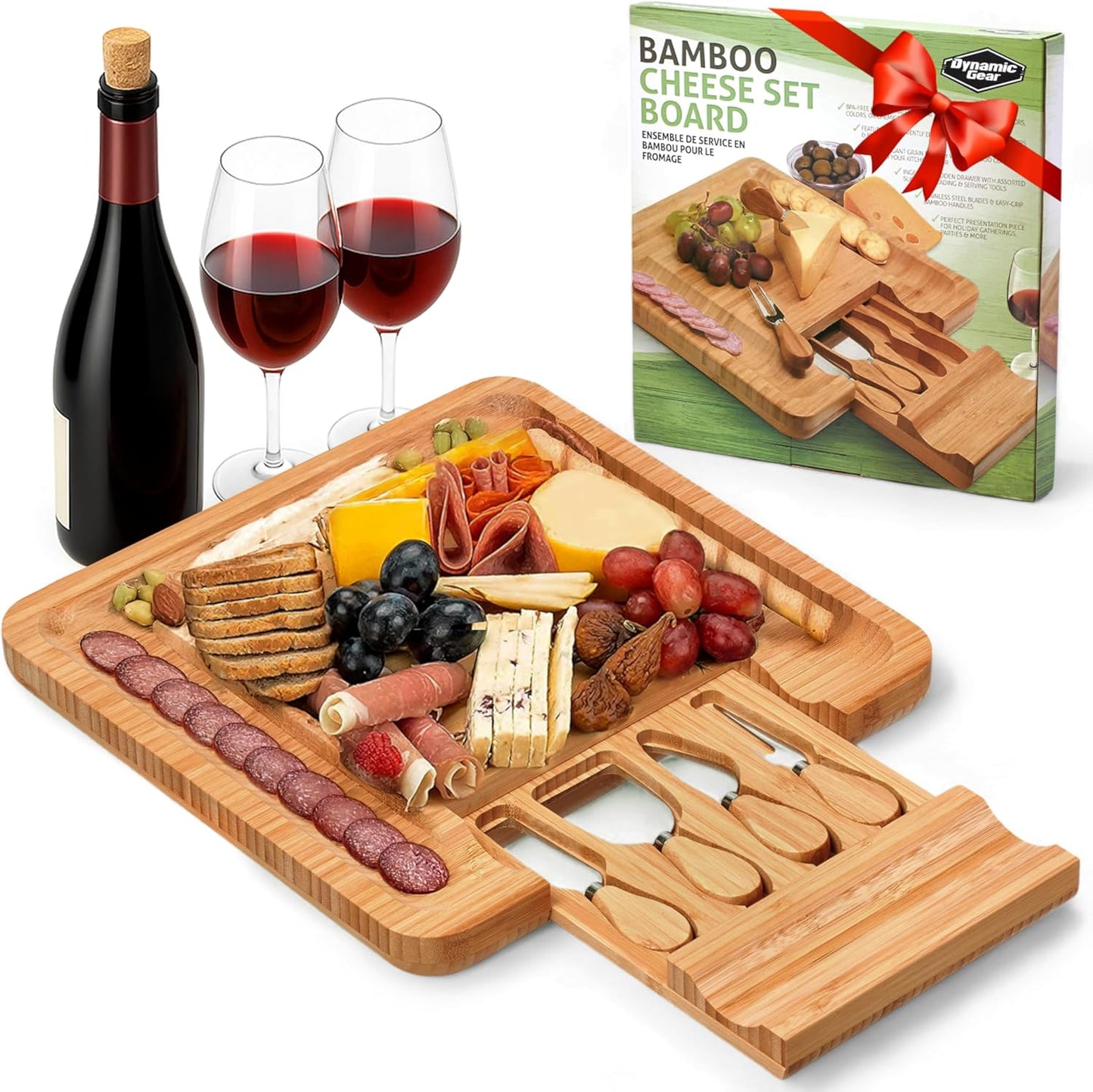 Bamboo Charcuterie Cheese Board Set with Knives - Low Maintenance Surface - Perfect for Wine and Cheese Nights - Sleek and Minimal Design - 13x13x2 inches - Dark Brown