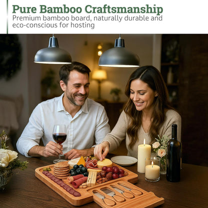 Bamboo Charcuterie Cheese Board Set with Knives - Low Maintenance Surface - Perfect for Wine and Cheese Nights - Sleek and Minimal Design - 13x13x2 inches - Dark Brown