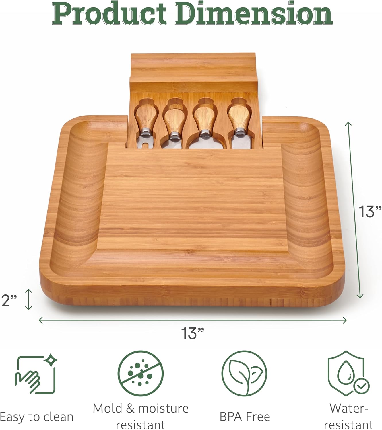 Bamboo Charcuterie Cheese Board Set with Knives - Low Maintenance Surface - Perfect for Wine and Cheese Nights - Sleek and Minimal Design - 13x13x2 inches - Dark Brown