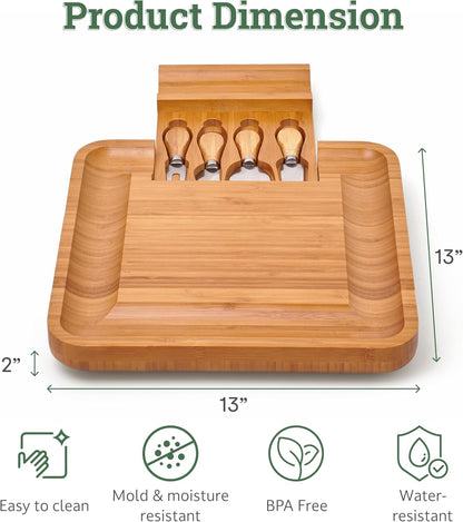 Bamboo Charcuterie Cheese Board Set with Knives - Low Maintenance Surface - Perfect for Wine and Cheese Nights - Sleek and Minimal Design - 13x13x2 inches - Dark Brown