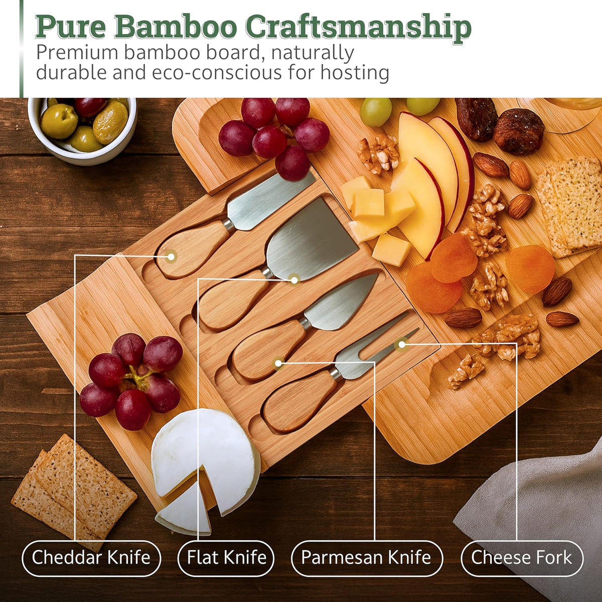 Bamboo Charcuterie Cheese Board Set with Knives - Low Maintenance Surface - Perfect for Wine and Cheese Nights - Sleek and Minimal Design - 13x13x2 inches - Dark Brown