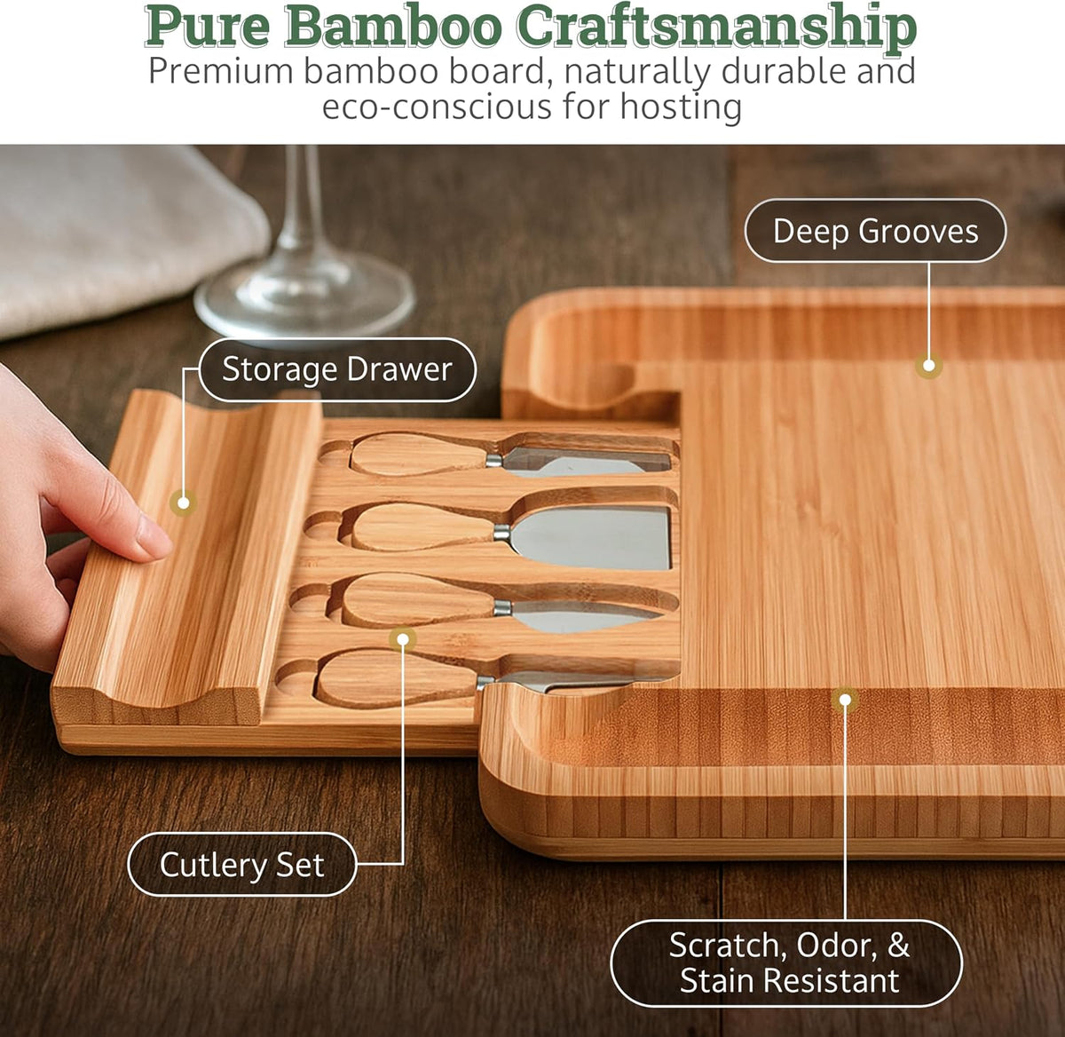 Bamboo Charcuterie Cheese Board Set with Knives - Low Maintenance Surface - Perfect for Wine and Cheese Nights - Sleek and Minimal Design - 13x13x2 inches - Dark Brown