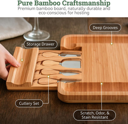 Bamboo Charcuterie Cheese Board Set with Knives - Low Maintenance Surface - Perfect for Wine and Cheese Nights - Sleek and Minimal Design - 13x13x2 inches - Dark Brown