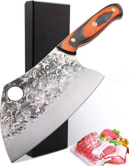 Serbian Chef Knife Meat Cleaver Forged Butcher Chopping Kitchen Knife, Full Tang, High Carbon Steel, Mosaic Rivet Pakkawood Handle for Home&Restaurant 2025 Gifts