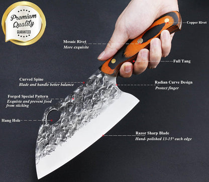Serbian Chef Knife Meat Cleaver Forged Butcher Chopping Kitchen Knife, Full Tang, High Carbon Steel, Mosaic Rivet Pakkawood Handle for Home&Restaurant 2025 Gifts