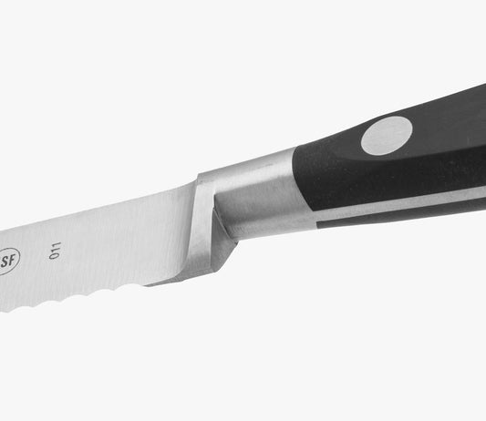 Forged Knife Serrated 5 Inch Nitrum Stainless Steel and 130 mm blade. Ergonomic Polyoxymethylene POM Handle. Series Riviera. Color Black