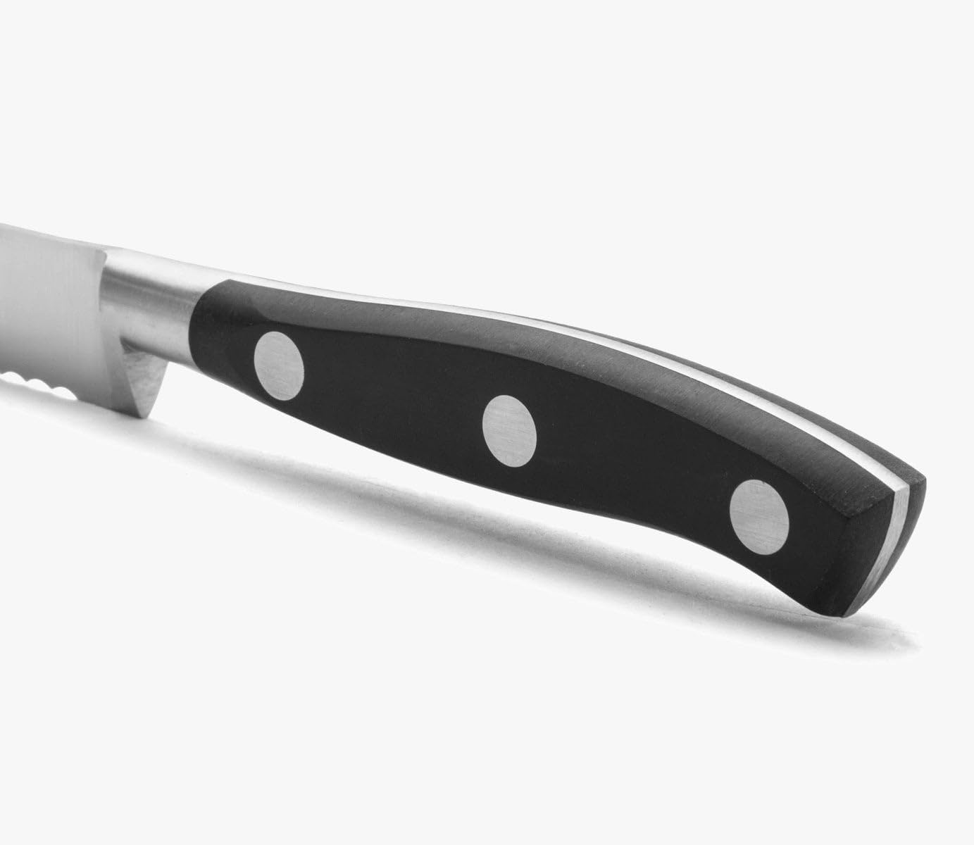 Forged Knife Serrated 5 Inch Nitrum Stainless Steel and 130 mm blade. Ergonomic Polyoxymethylene POM Handle. Series Riviera. Color Black