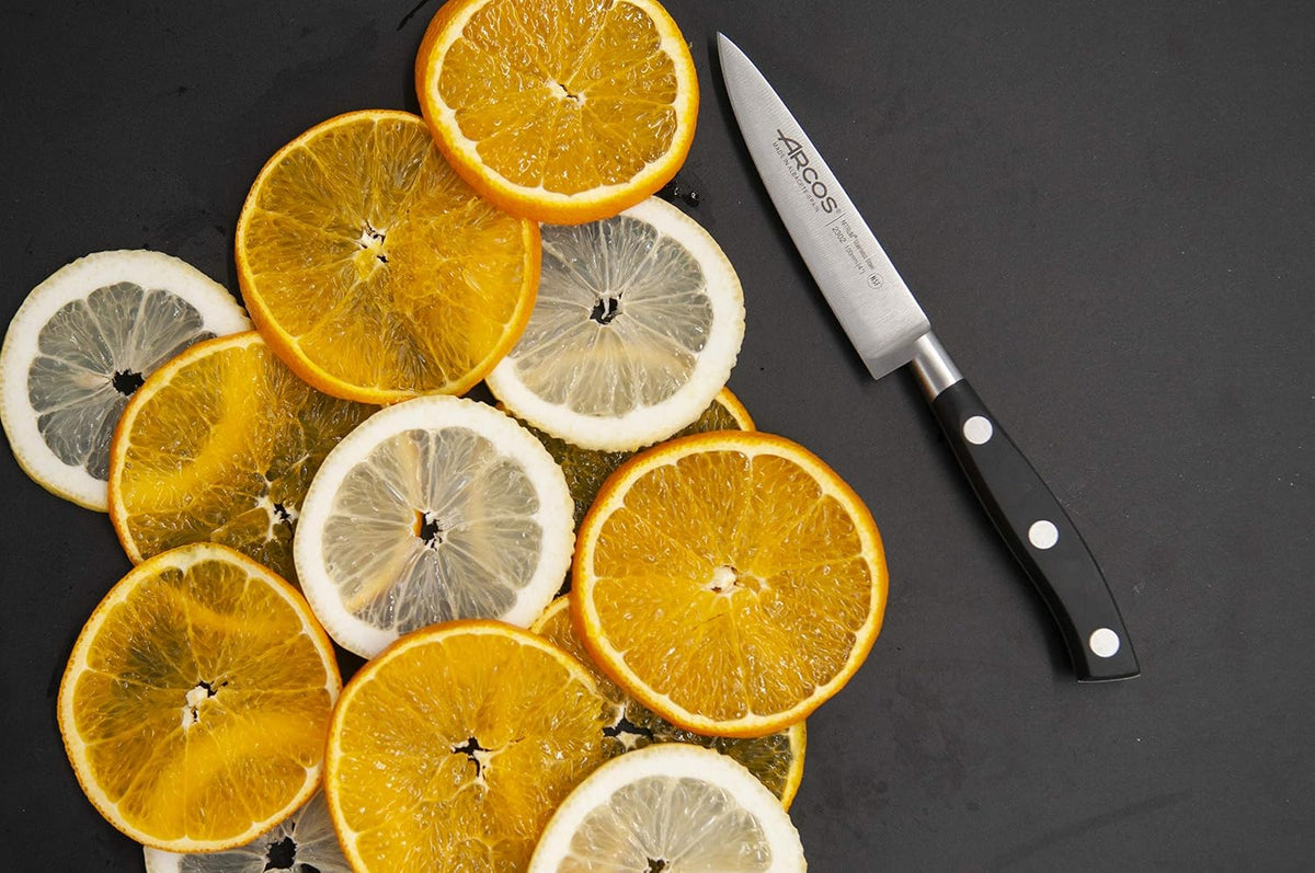 Forged Knife Serrated 5 Inch Nitrum Stainless Steel and 130 mm blade. Ergonomic Polyoxymethylene POM Handle. Series Riviera. Color Black