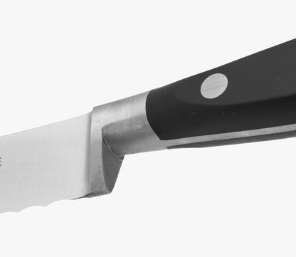 Forged Knife Serrated 5 Inch Nitrum Stainless Steel and 130 mm blade. Ergonomic Polyoxymethylene POM Handle. Series Riviera. Color Black