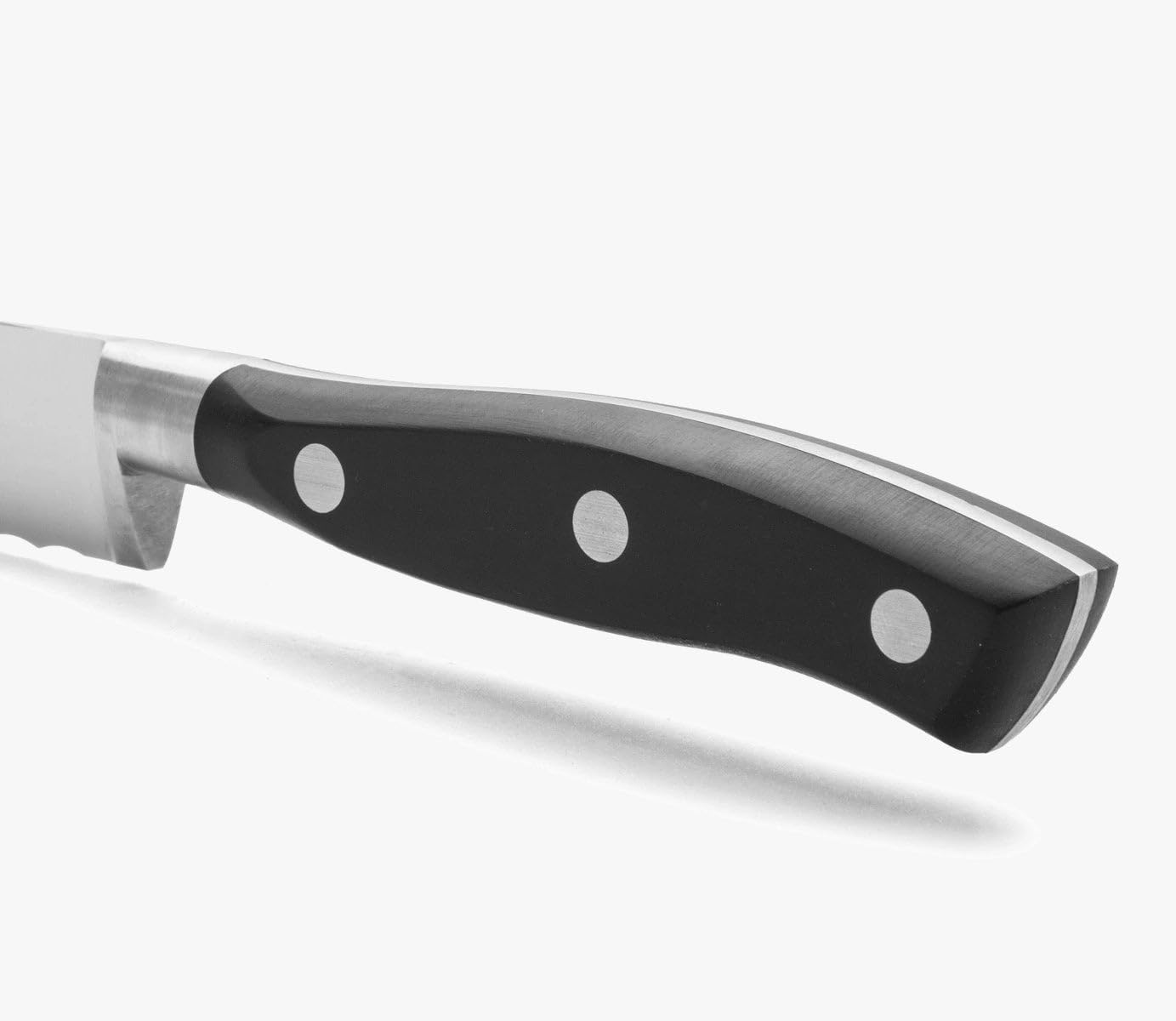 Forged Knife Serrated 5 Inch Nitrum Stainless Steel and 130 mm blade. Ergonomic Polyoxymethylene POM Handle. Series Riviera. Color Black