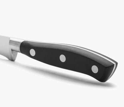 Forged Knife Serrated 5 Inch Nitrum Stainless Steel and 130 mm blade. Ergonomic Polyoxymethylene POM Handle. Series Riviera. Color Black