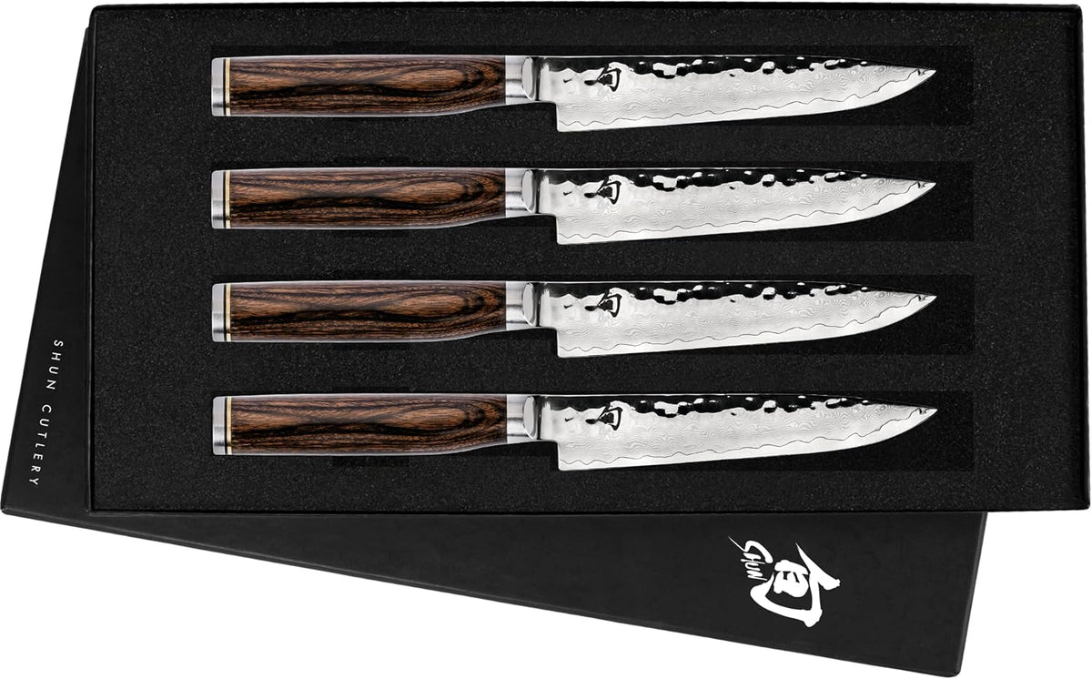 Premier 4 Piece Steak Knife Set | 5" Knives, Handcrafted Japanese Steak Knife Set, VG-MAX Core, Damascus Stainless Steel Cladding, Pakkawood Handle