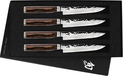 Premier 4 Piece Steak Knife Set | 5" Knives, Handcrafted Japanese Steak Knife Set, VG-MAX Core, Damascus Stainless Steel Cladding, Pakkawood Handle