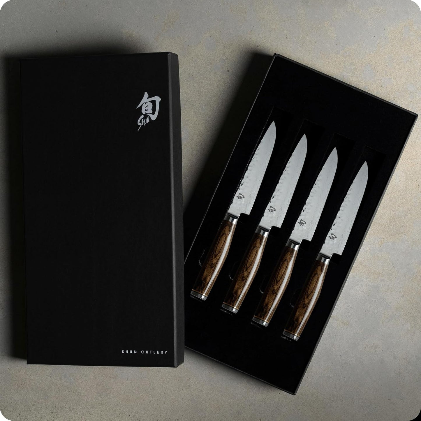Premier 4 Piece Steak Knife Set | 5" Knives, Handcrafted Japanese Steak Knife Set, VG-MAX Core, Damascus Stainless Steel Cladding, Pakkawood Handle