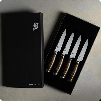 Premier 4 Piece Steak Knife Set | 5" Knives, Handcrafted Japanese Steak Knife Set, VG-MAX Core, Damascus Stainless Steel Cladding, Pakkawood Handle