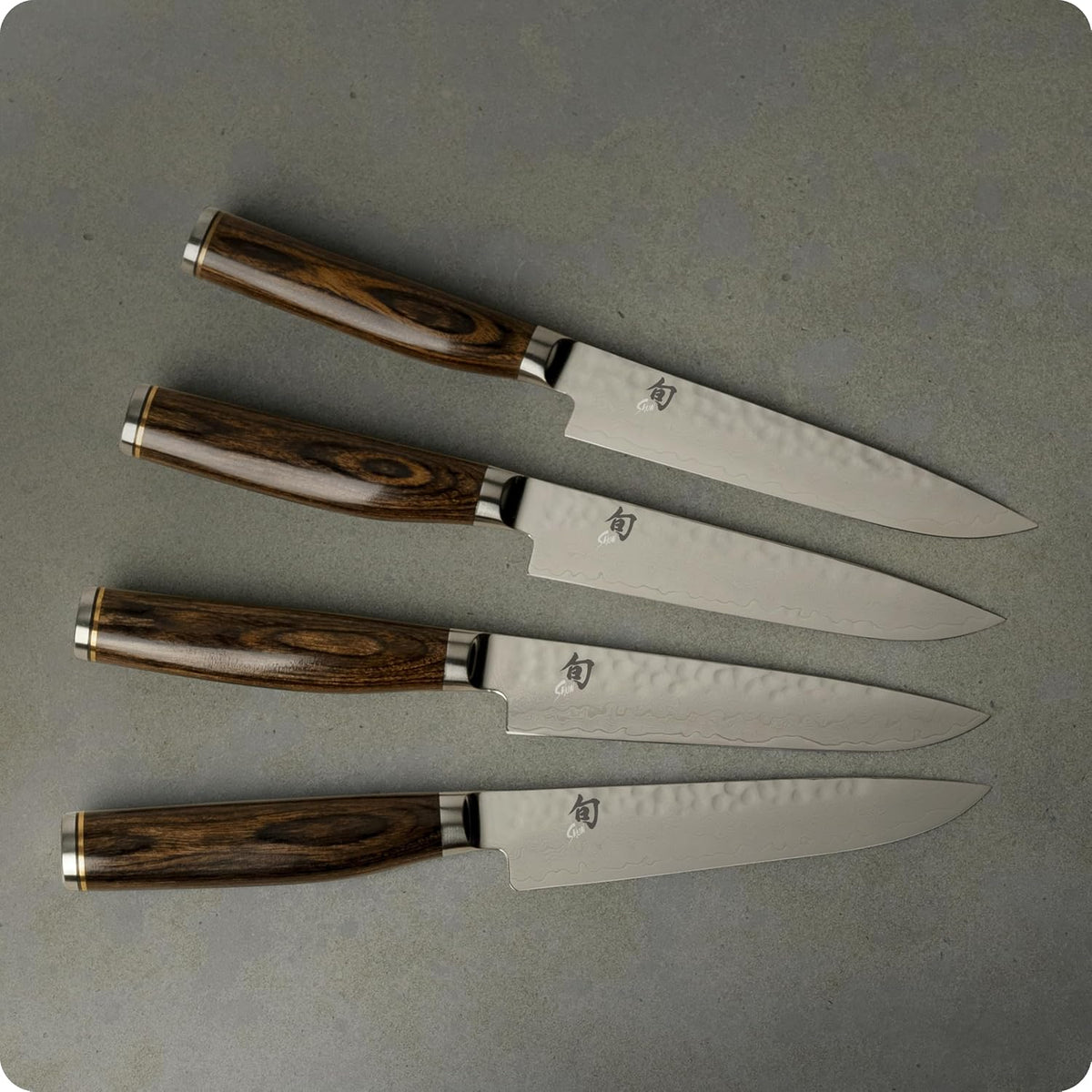 Premier 4 Piece Steak Knife Set | 5" Knives, Handcrafted Japanese Steak Knife Set, VG-MAX Core, Damascus Stainless Steel Cladding, Pakkawood Handle