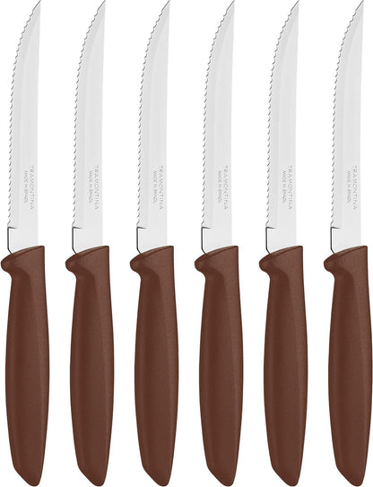Kitchen Knives Set of 6, Serrated Fruit Tomato Cooking Knife, Vegetable Chopper Peeler, Stainless Steel, Multipurpose, Pointed Tip, Brown, 23498454