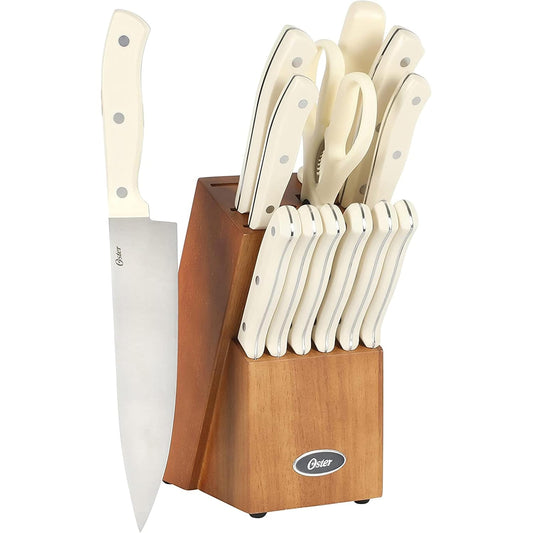 Evansville 14 Piece Cutlery Kitchen Knife Block Set, Stainless Steel w/Linen White Handles - Cuchillos Para Cocina