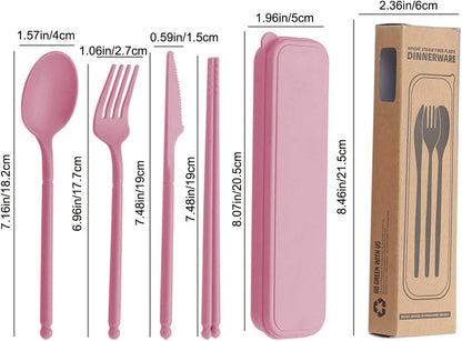 8 Colors Portable Utensils Sets with Case, Wheat Straw Cutlery Set, Reusable Travel Flatware Set, Spoon Fork Knife chopsticks Tableware Set for Outdoor Office Travel Picnic Camping
