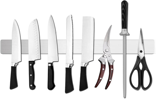 16 Inch Black Magnetic Knife Holder for Wall, No Drilling Adhesive Knife Strip with Powerful Magnet and Expanded Screws, Wall Mount Knife Rack for Knives, Includes Adhesive Tape (Silver White)