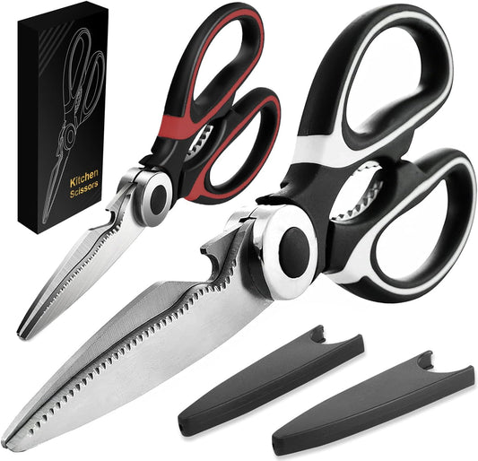 2 Pack Kitchen Scissors Heavy Duty, All Purpose Stainless Steel Kitchen Shears for Cutting Meat Chicken Crab Legs, Dishwasher Safe Seafood Scissors with Protective Cover (Black)