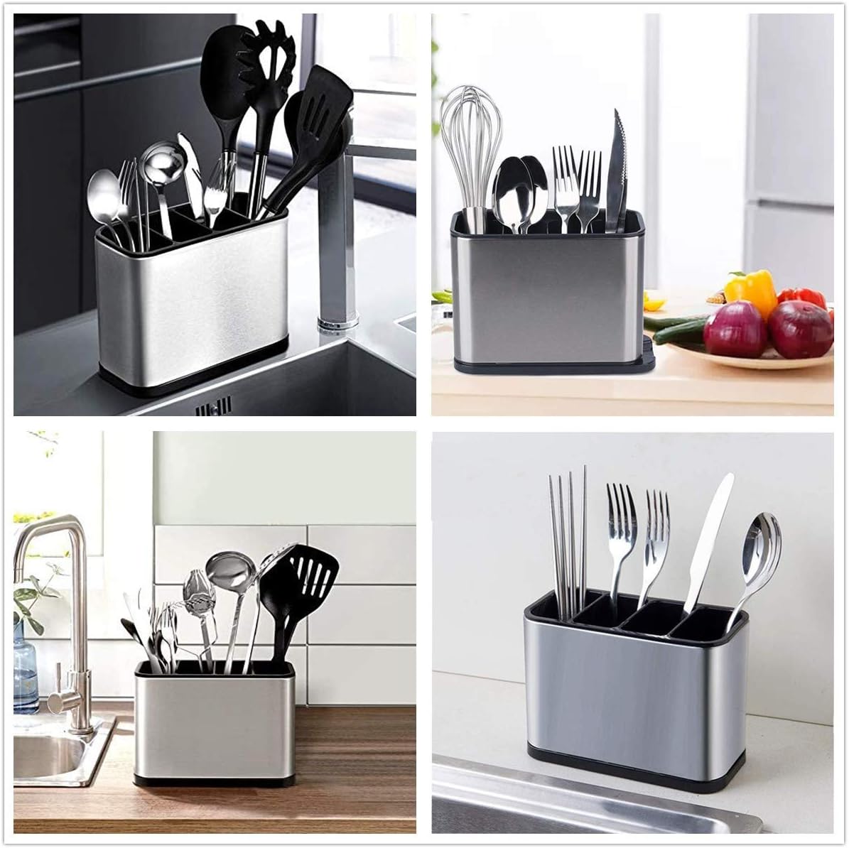 Kitchen Utensil Holder, Sinkware Caddy with 4 Divided Compartments | Rust Proof, Stainless Steel Utensil Drying Rack Flatware Holder, Countertop Organizer