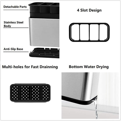 Kitchen Utensil Holder, Sinkware Caddy with 4 Divided Compartments | Rust Proof, Stainless Steel Utensil Drying Rack Flatware Holder, Countertop Organizer