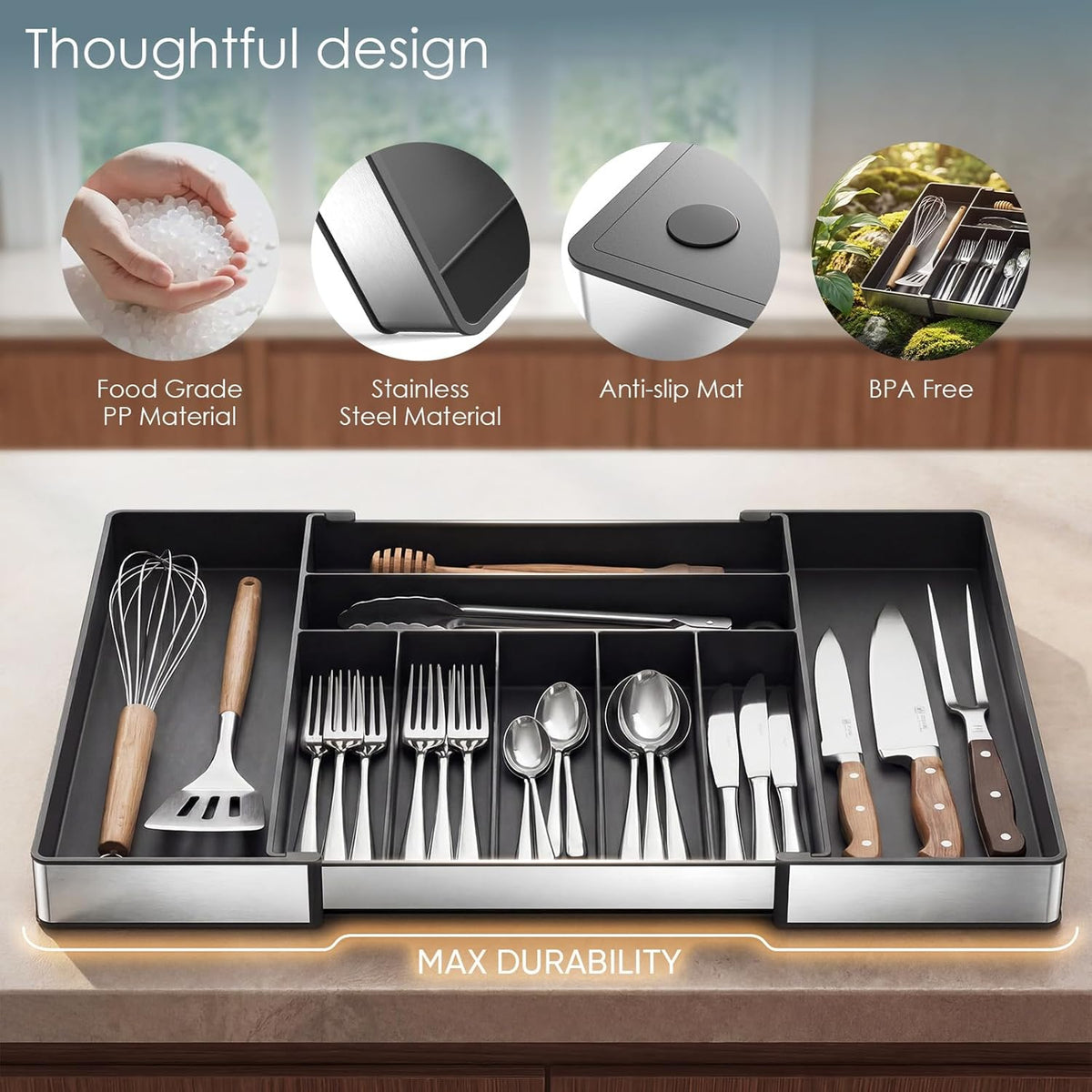 Silverware Drawer Organizer, 9 Slots Expandable Kitchen Drawer Organizer | Extra Large Utensil Holder & Cutlery Tray, Heavy Duty Stainless Steel Frame Flatware Organizer, Non-Slip Feet Included, Black