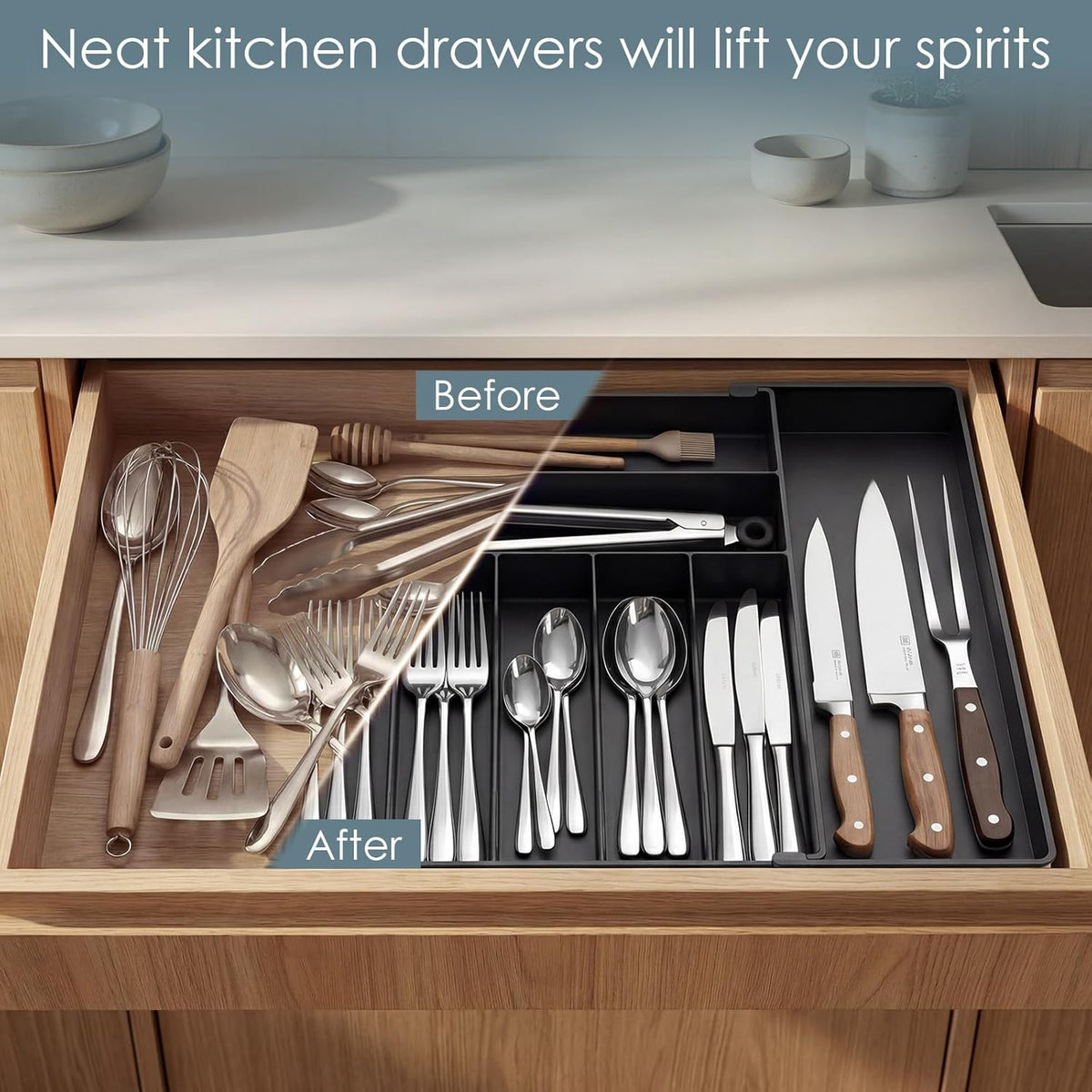 Silverware Drawer Organizer, 9 Slots Expandable Kitchen Drawer Organizer | Extra Large Utensil Holder & Cutlery Tray, Heavy Duty Stainless Steel Frame Flatware Organizer, Non-Slip Feet Included, Black