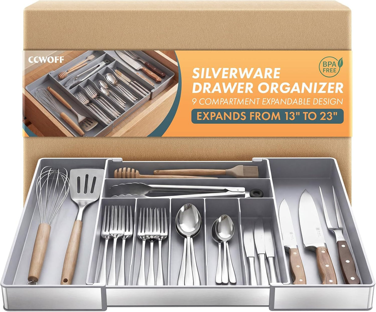 Silverware Drawer Organizer, 9 Slots Expandable Kitchen Drawer Organizer | Extra Large Utensil Holder & Cutlery Tray, Heavy Duty Stainless Steel Frame Flatware Organizer, Non-Slip Feet Included, Black
