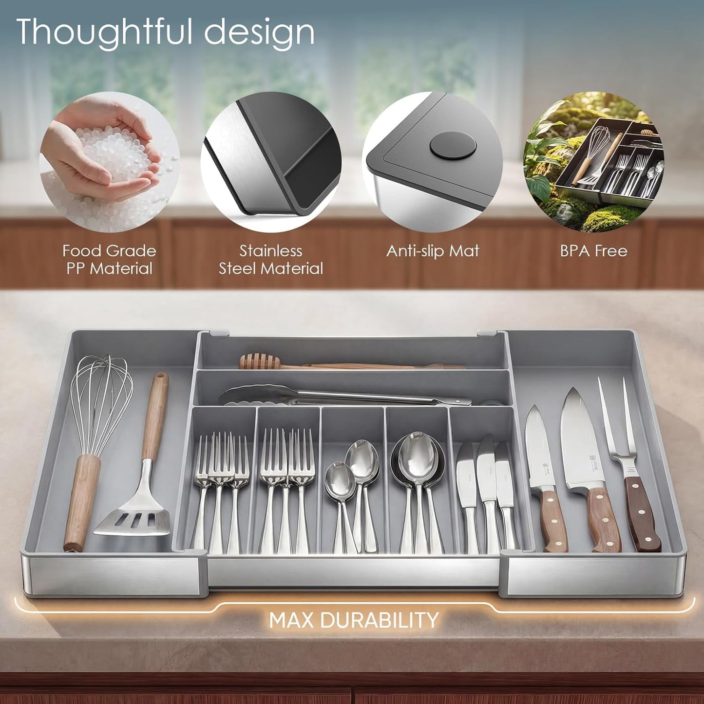 Silverware Drawer Organizer, 9 Slots Expandable Kitchen Drawer Organizer | Extra Large Utensil Holder & Cutlery Tray, Heavy Duty Stainless Steel Frame Flatware Organizer, Non-Slip Feet Included, Black