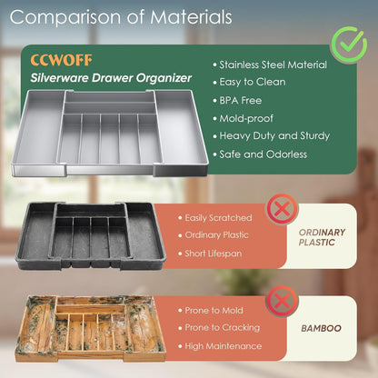 Silverware Drawer Organizer, 9 Slots Expandable Kitchen Drawer Organizer | Extra Large Utensil Holder & Cutlery Tray, Heavy Duty Stainless Steel Frame Flatware Organizer, Non-Slip Feet Included, Black