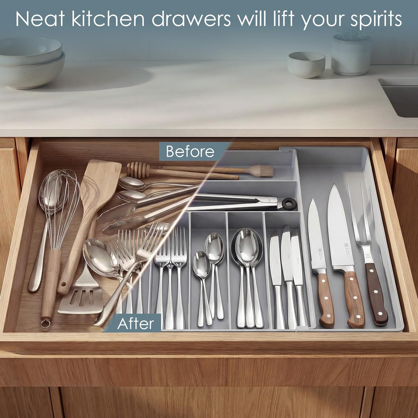 Silverware Drawer Organizer, 9 Slots Expandable Kitchen Drawer Organizer | Extra Large Utensil Holder & Cutlery Tray, Heavy Duty Stainless Steel Frame Flatware Organizer, Non-Slip Feet Included, Black