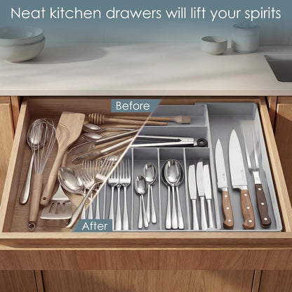 Silverware Drawer Organizer, 9 Slots Expandable Kitchen Drawer Organizer | Extra Large Utensil Holder & Cutlery Tray, Heavy Duty Stainless Steel Frame Flatware Organizer, Non-Slip Feet Included, Black