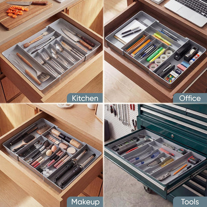 Silverware Drawer Organizer, 9 Slots Expandable Kitchen Drawer Organizer | Extra Large Utensil Holder & Cutlery Tray, Heavy Duty Stainless Steel Frame Flatware Organizer, Non-Slip Feet Included, Black