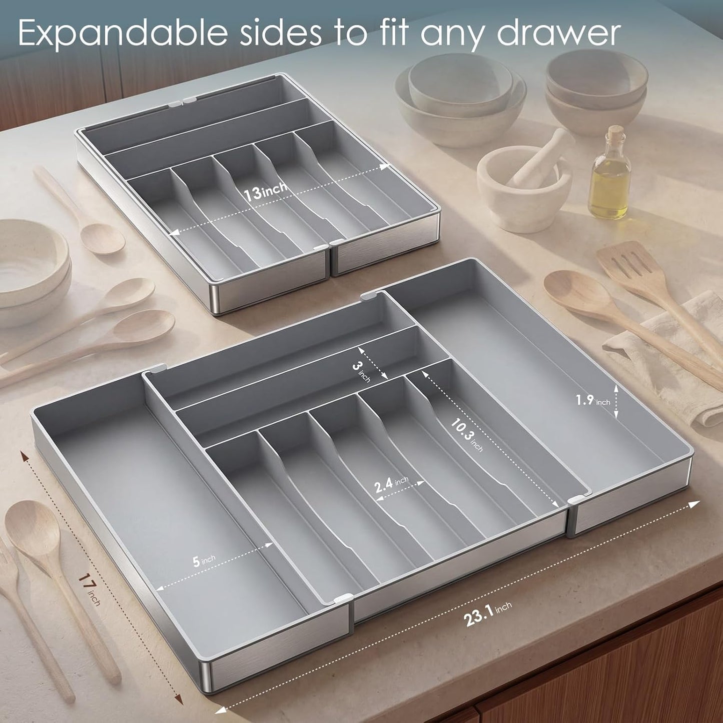 Silverware Drawer Organizer, 9 Slots Expandable Kitchen Drawer Organizer | Extra Large Utensil Holder & Cutlery Tray, Heavy Duty Stainless Steel Frame Flatware Organizer, Non-Slip Feet Included, Black