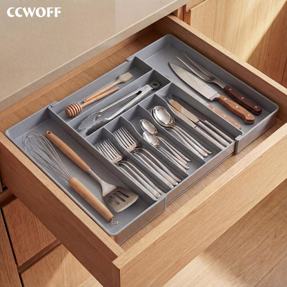 Silverware Drawer Organizer, 9 Slots Expandable Kitchen Drawer Organizer | Extra Large Utensil Holder & Cutlery Tray, Heavy Duty Stainless Steel Frame Flatware Organizer, Non-Slip Feet Included, Black