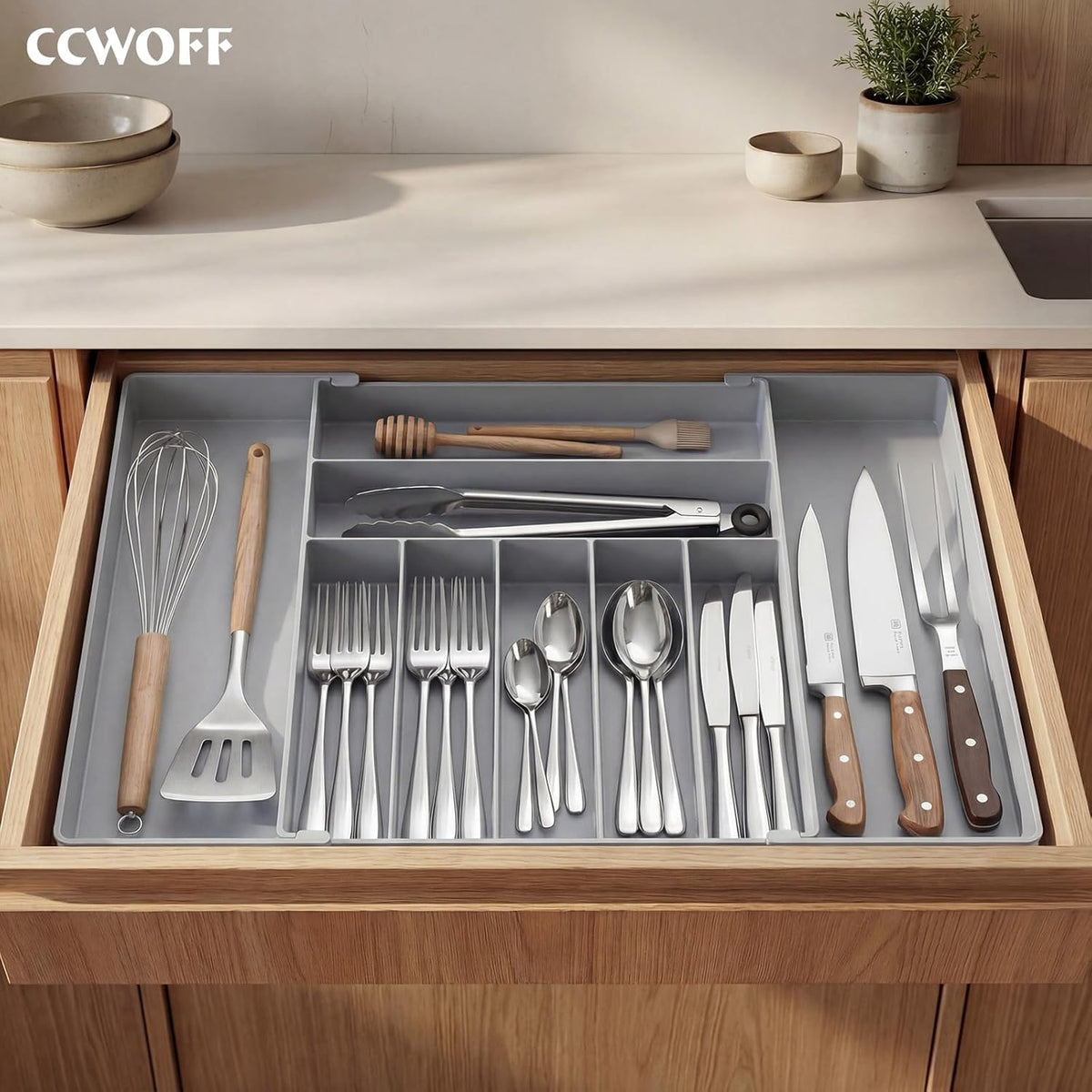 Silverware Drawer Organizer, 9 Slots Expandable Kitchen Drawer Organizer | Extra Large Utensil Holder & Cutlery Tray, Heavy Duty Stainless Steel Frame Flatware Organizer, Non-Slip Feet Included, Black