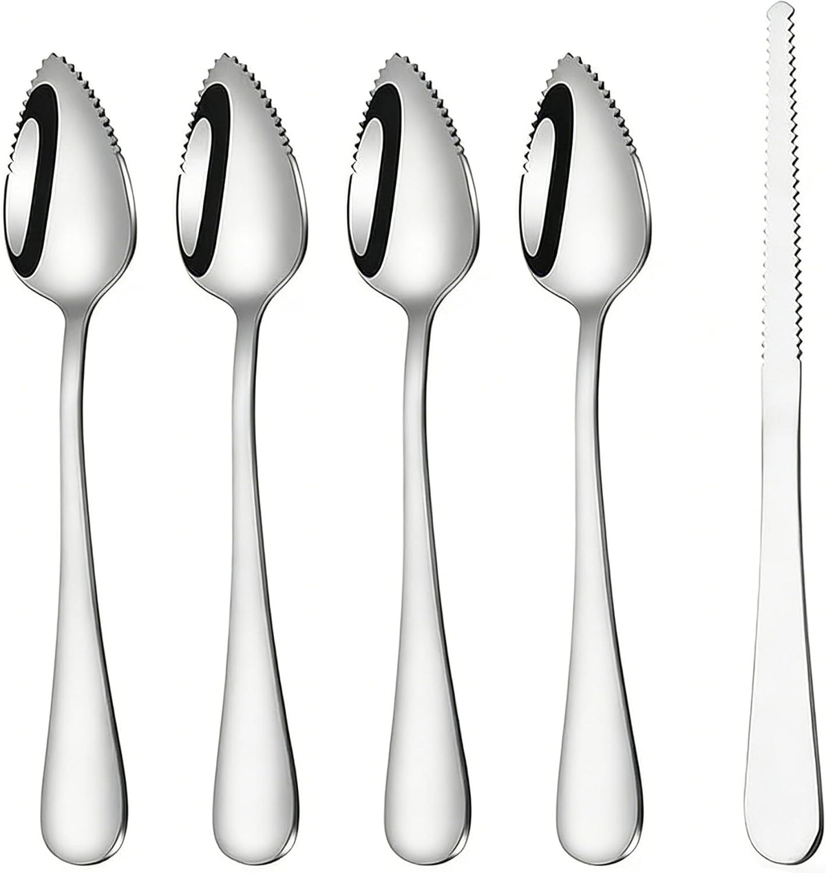5 PCS Grapefruit Spoon and Knife Set Stainless Steel Fruit Utensils Multipurpose Kitchen Tools for Grapefruit Kiwi Oranges Dessert Heavy Duty Silver includes 4 Spoons and 1 Knife