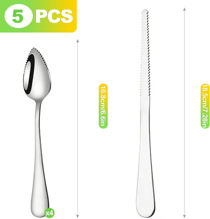 5 PCS Grapefruit Spoon and Knife Set Stainless Steel Fruit Utensils Multipurpose Kitchen Tools for Grapefruit Kiwi Oranges Dessert Heavy Duty Silver includes 4 Spoons and 1 Knife