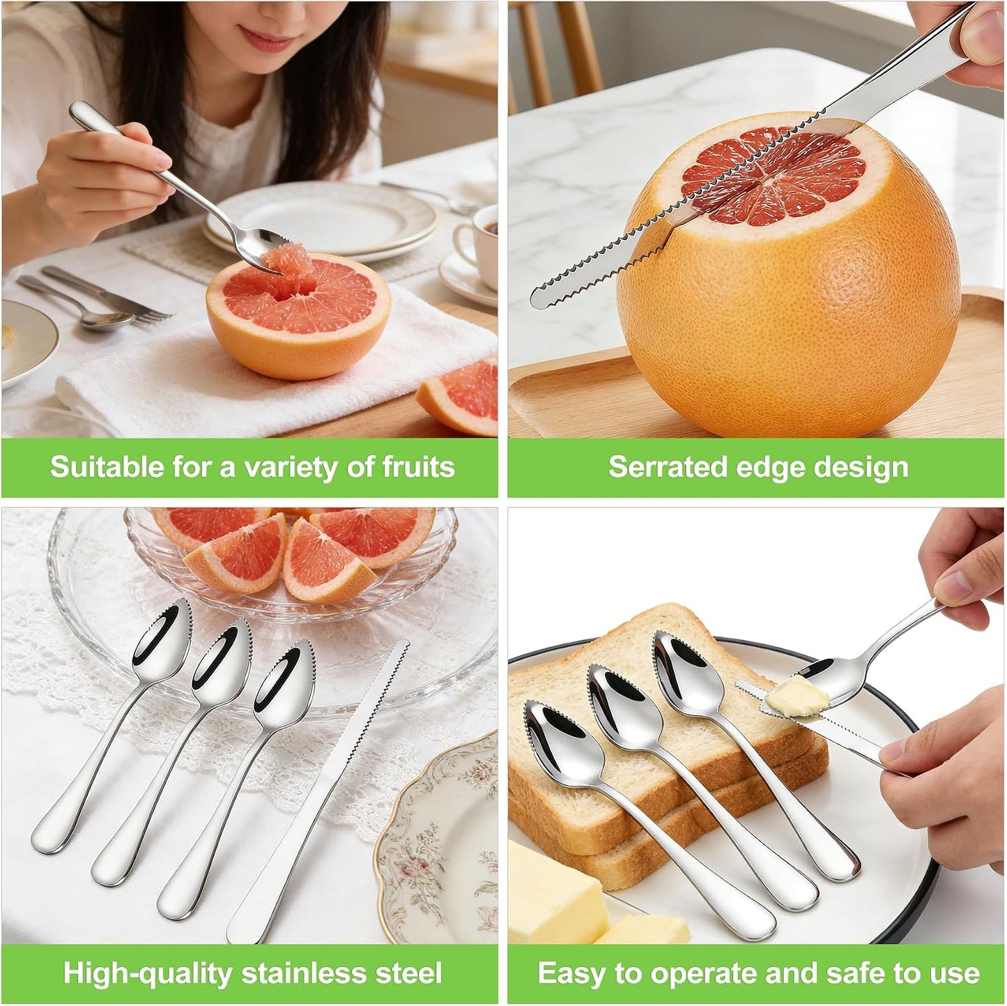 5 PCS Grapefruit Spoon and Knife Set Stainless Steel Fruit Utensils Multipurpose Kitchen Tools for Grapefruit Kiwi Oranges Dessert Heavy Duty Silver includes 4 Spoons and 1 Knife