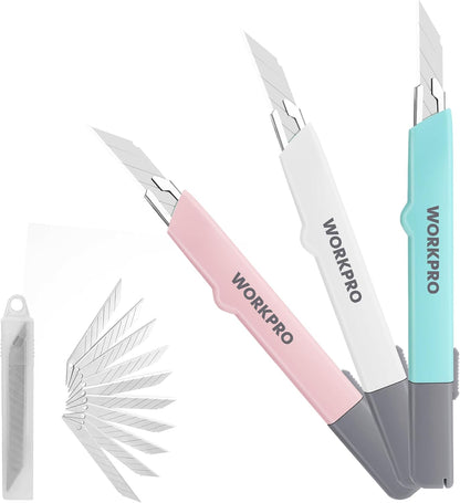 Premium Utility Knife Retractable Snap-off blade, Gift for Men/Women Heavy Duty Box Cutter Set, Razor Knife Exacto Craft Knives, with 10 Extra 9mm Blades, Pack of 3
