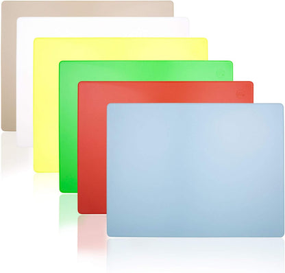 18 x 12 Inch Color Coded Cutting Boards - Set of 6 White, Red, Green, Blue, Yellow, Brown - 1/2" Thick HDPP Plastic for Food Service