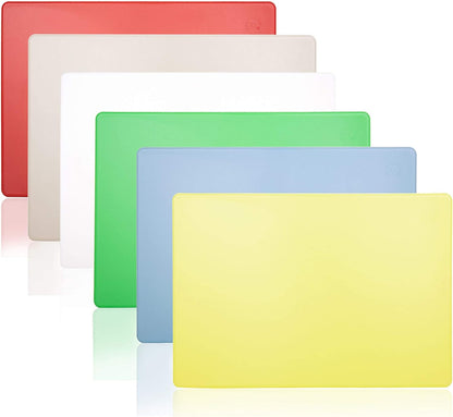18 x 12 Inch Color Coded Cutting Boards - Set of 6 White, Red, Green, Blue, Yellow, Brown - 1/2" Thick HDPP Plastic for Food Service