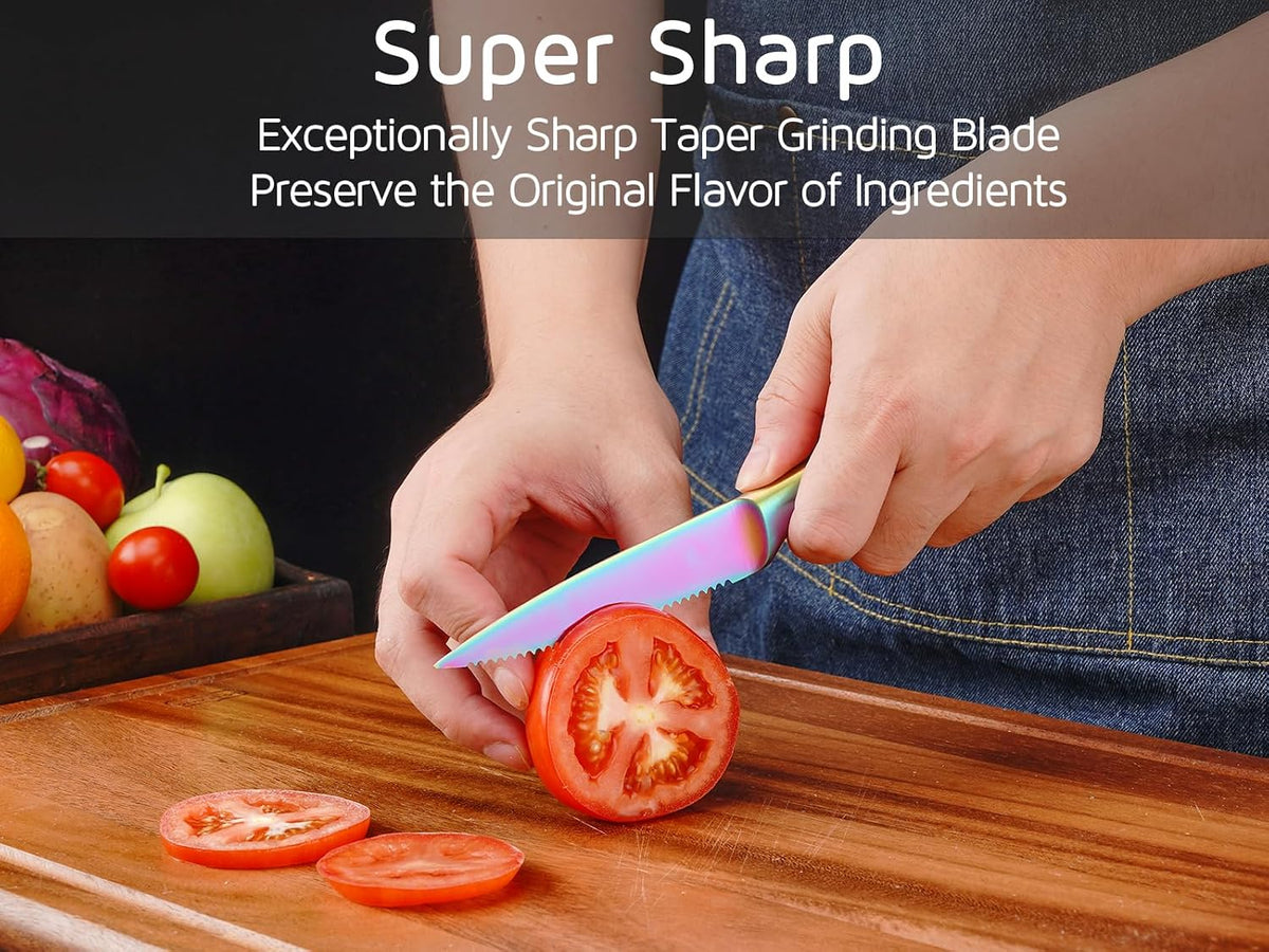 Utility Knife, 4 Inch Serrated Paring Knife with Super Sharp Rainbow High Carbon Stainless Steel Blade for Fruit Vegetable Cutting Peeling Slicing