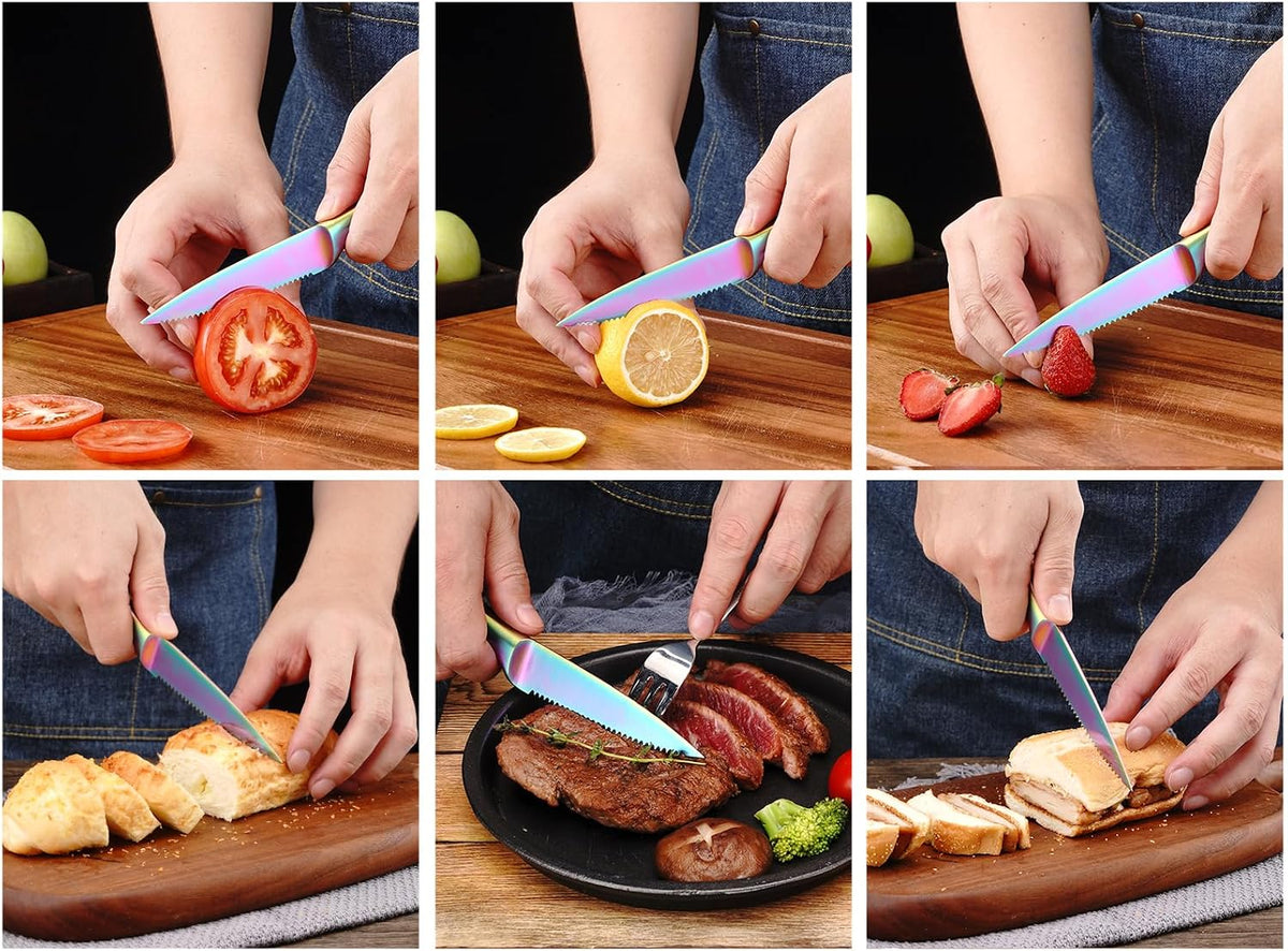 Utility Knife, 4 Inch Serrated Paring Knife with Super Sharp Rainbow High Carbon Stainless Steel Blade for Fruit Vegetable Cutting Peeling Slicing